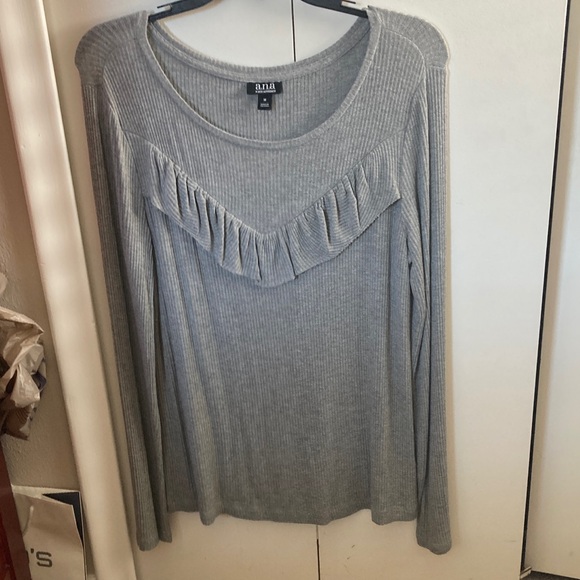 a.n.a Tops - a.n.a Light Gray Ribbed Blouse with Ruffle Detail